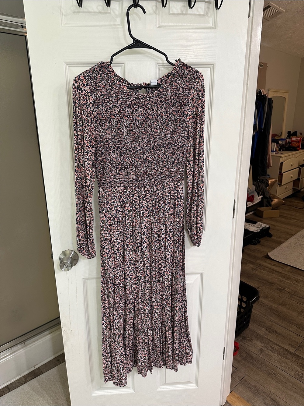 Old Navy Pink and Black Floral Long-Sleeve Midi Dress